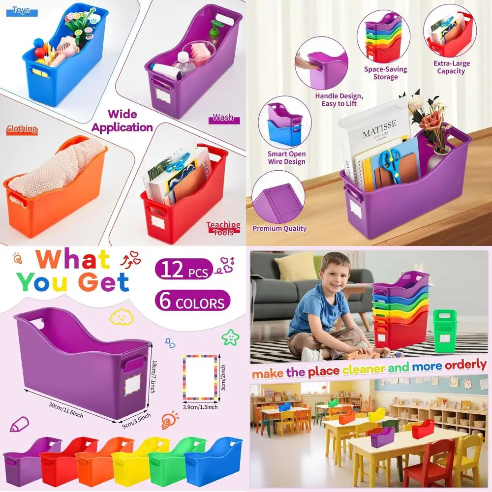 

Colorful 12-Slot Plastic Book Bins with Labels for Classroom, Library, and Office Storage