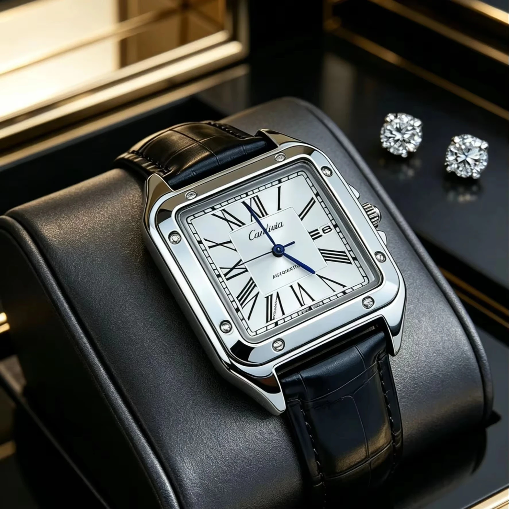 Light Luxury Square Men's Quartz Watch with Elegant Roman Numeral Dial, Stainless Steel Case, Black Leather Strap, Date Function, Luxurious Business Wristwatch, Classic Dress Watch, Waterproof Casual Business Men's Watch, Suitable for Men's Formal and Daily Use