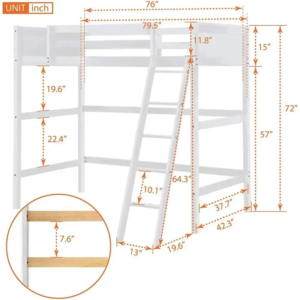 White Twin Size Loft Bed with Ladder, Wood Slat Support, Full-Length Guardrails, Space-Saving Design for Kids, Teens, and Adults