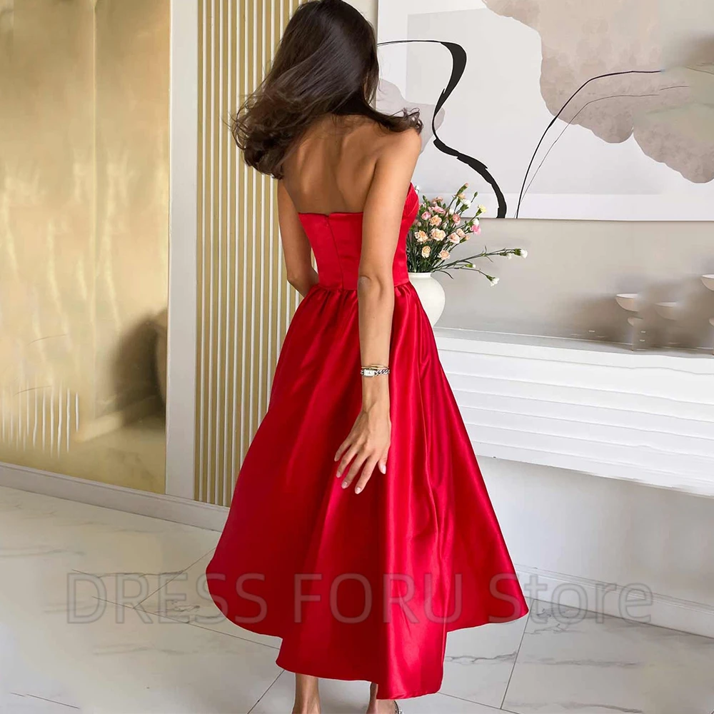 Strapless Sweetheart Red Evening Dress Sexy A-Line Open Back Tea-Length Women Party Banquet Custom Made Satin Zipper Gowns