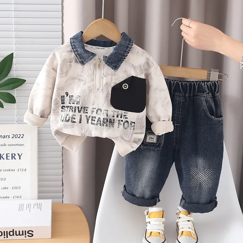 Kids Clothing Sets 2026 New Baby Boys Denim Collar Half Zip Sweatshirt + Pocket Jeans Toddler Fashion Outfits Children Clothes