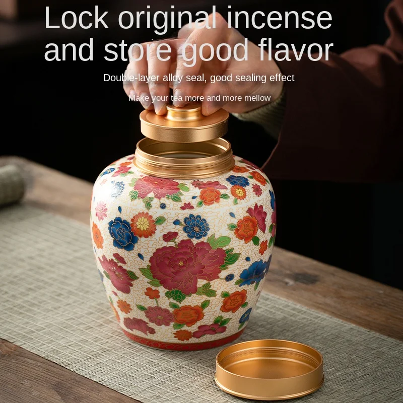 Painted Flowers Ceramic Jar Alloy Lid Sealed Moistureproof Tea Can Interior Decoration Porcelain Home