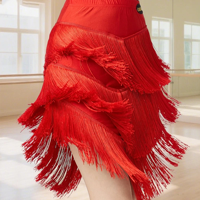 

Red Full Fringed Skirt Chacha Latin Dance Skirts Women Samba Ballroom Dance Tassels Skirt Stage Party Training Wear DW10853