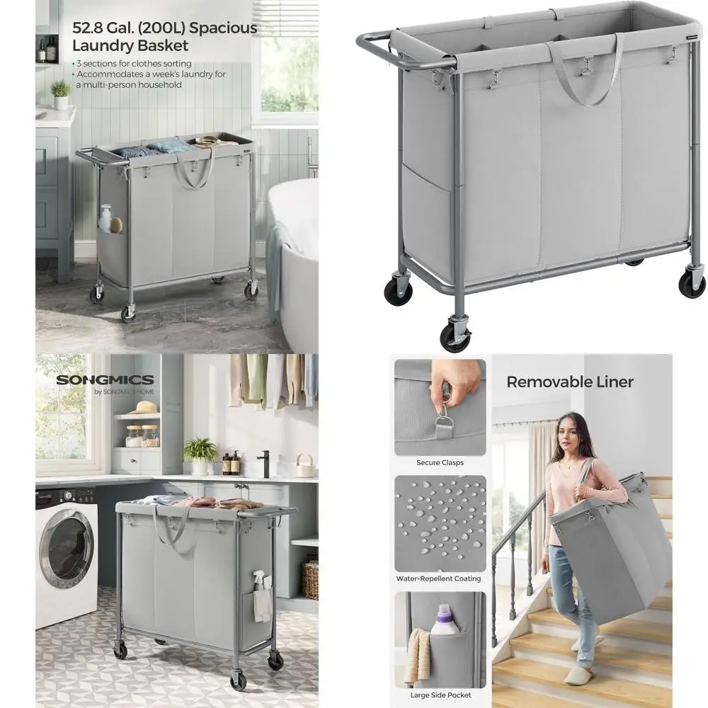

Трехсекционная корзина для белья на колесиках, вместимость 200 л, съемный вкладыш, стальной каркас, серый цвет