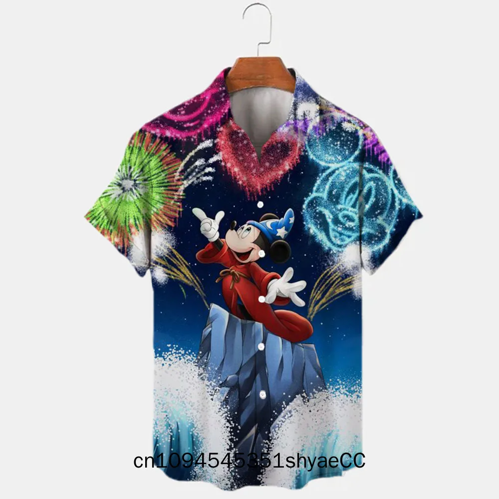 Summer 2025 New Disney Stitch And Mickey Brand Cartoon Casual 3D Printed Short Sleeve Lapel Shirt Slim Fit Men's Top