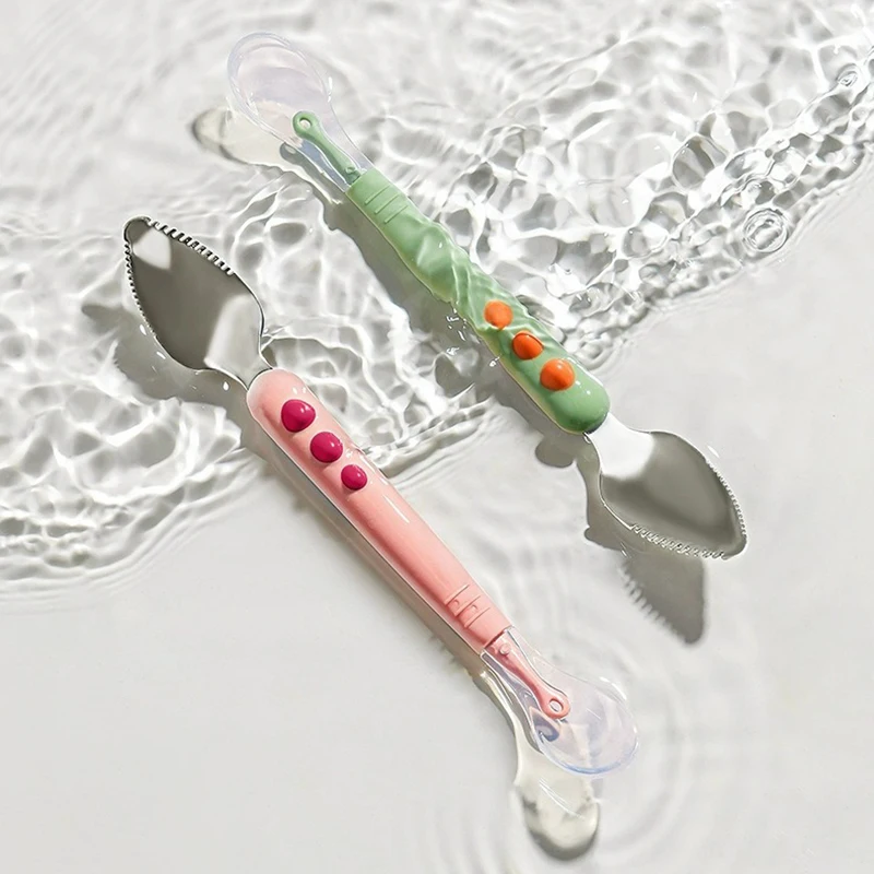 Baby Fruit Scraping Mud Spoon Double Head Silicone Stainless Steel Children Utensil Toddler Infant Food Feeding Tableware
