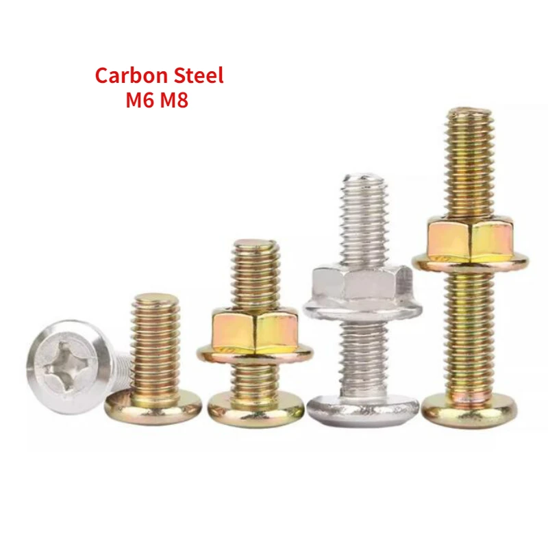 20Sets Nickel Plating Carbon Steel Inverted Edge Large Flat Head Cross Screw Nut Set Color Zinc Round Head Furniture Bolt M6 M8