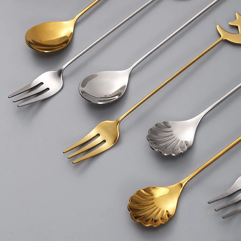 304 Stainless Steel Golden Dessert Fork Spoon Retro Creative Cute Seashell Seahorse Star Long Handle Stirring Coffee Scoop