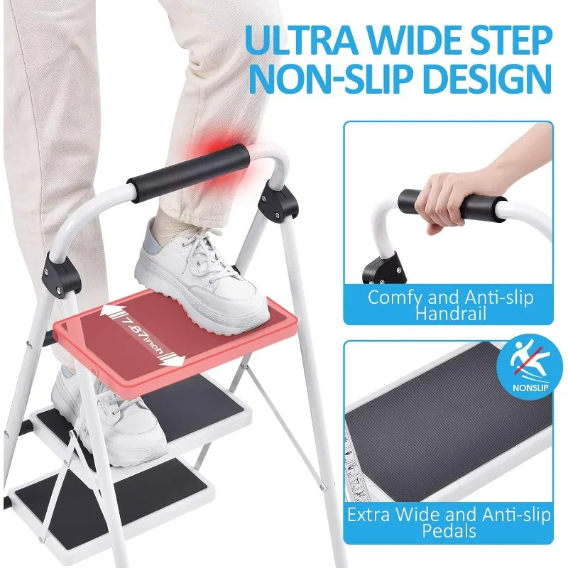 Adult 4-step Folding Step Stool with Armrest Heavy Steel Sturdy Portable Folding Step