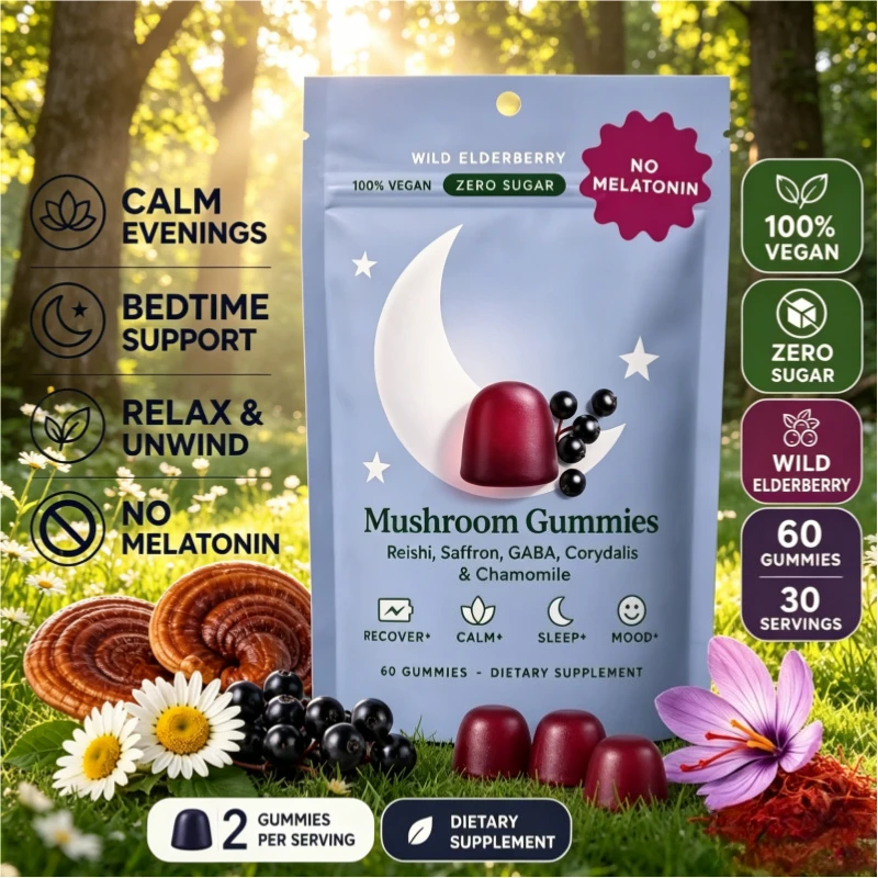 Gomitas de hongos con Reishi, GABA, azafrán y manzanilla que favorecen la relajación nocturna, sin melatonina, sin azúcar, veganas, 60 gomitas
