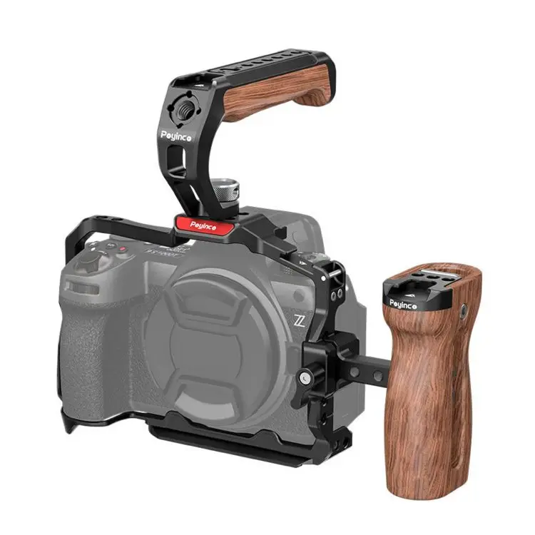 Poyinco JN-134 Camera Cage + Top Handle + Side Wooden Grip Kit Camera Video Cage with Cold Shoe Mount 1/4 Inch Threads Aluminum