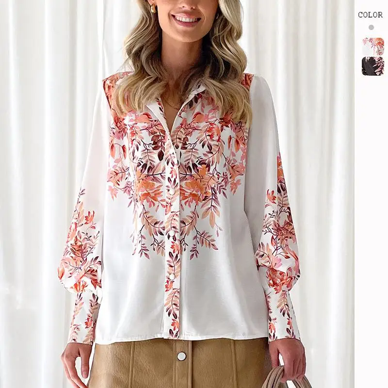 

Ele Women's Printed Collar Long Sve irt Loose Fit Polyester Lantern Sve Faionable Single Piece Autumn Wear