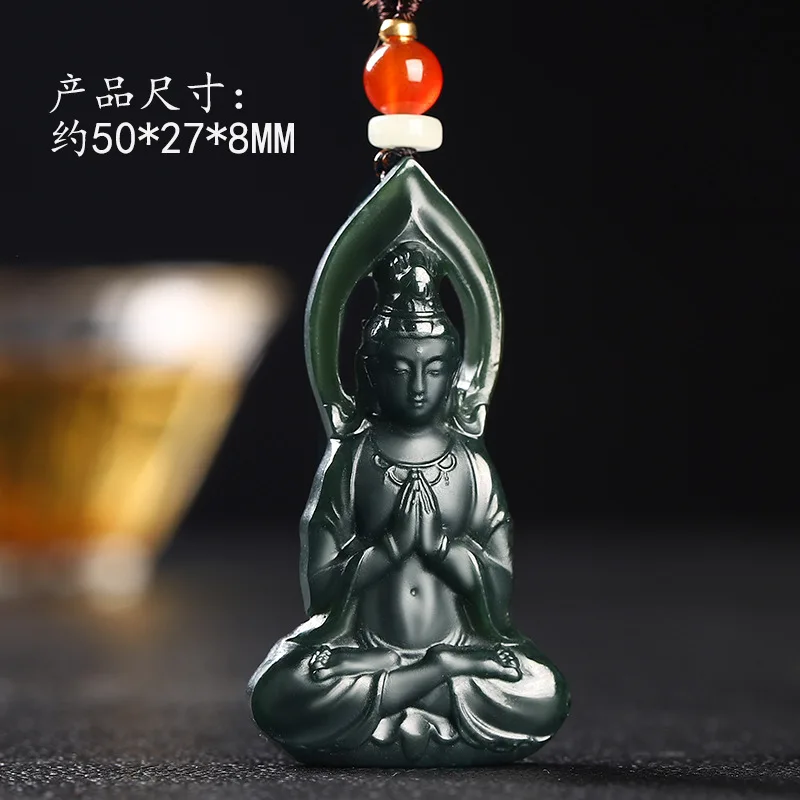 Hetian Hand-Held , Green Men'S Jade Guanyin Pendant