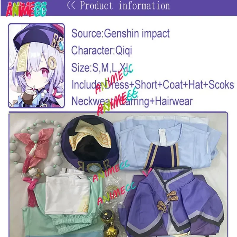 Animecc In Voorraad S-XL Qiqi Genshin Impact Cosplay Kostuum Pruik Hoed Anime Spel Halloween Kerstfeest Voor Vrouwen Meisjes