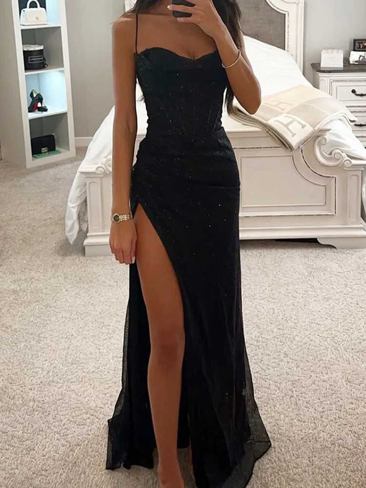 

Сексуальное вечернее платье с модными бретелями, облегающее платье длиной до пола, женское однотонное платье-русалка из полиэстера