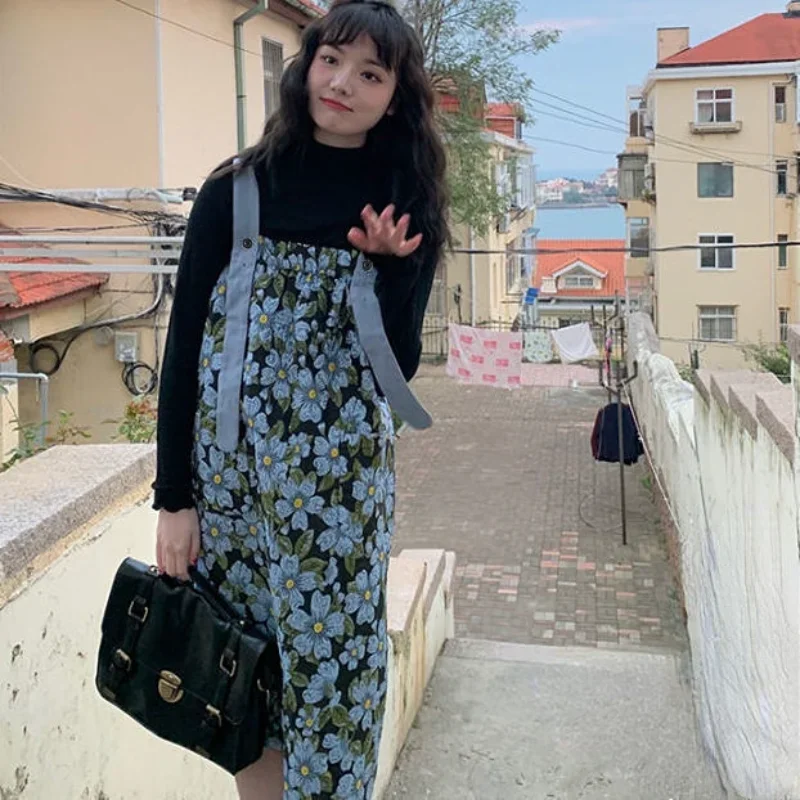 Dress Women Print Students Girlish Kawaii Daily Loose Vintage Midi All-match Comfortable Spring Designer Korean Style Elegant