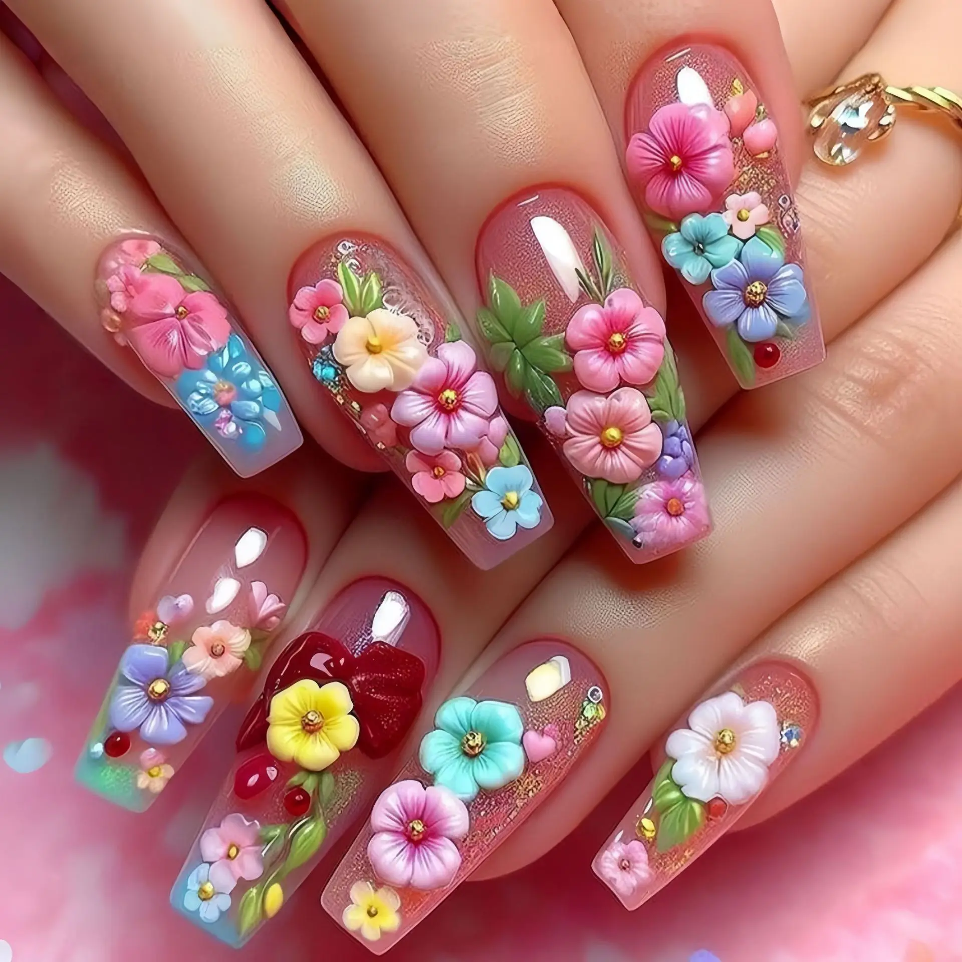 Kurze, mittellange künstliche Nägel für Frauen und Mädchen, buntes Blumen-Feder-Design, quadratische Ballett-Nagelspitzen zum Aufdrücken des falschen Nagelkunst-Sets