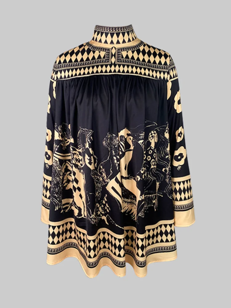 Beautyblue-minivestidos con cuello simulado para mujer, vestidos de fiesta estampados, corte en A, mangas largas, plisado, cintura alta, ropa Y2k, vestido bohemio