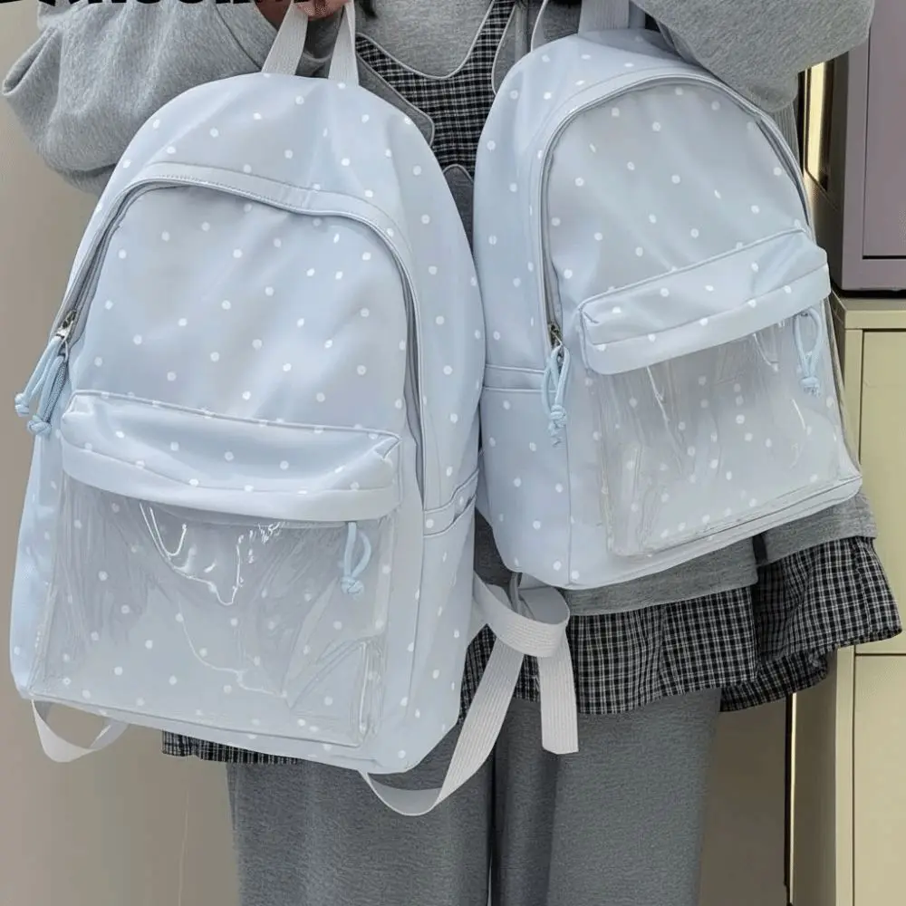 Japanese Style Ita Bag Adjustable Straps Large Capacity Clear Backpack Zipper Closure Polyester Lining Polka Dot Bookbag Commute
