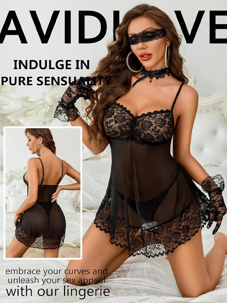 

Sexy Lingerie Women Sleepwear Open Croth Bodysuit Erotic Transparent Lace Lingerie Deep V Open Bra Lace Nightgown Ladies Acces