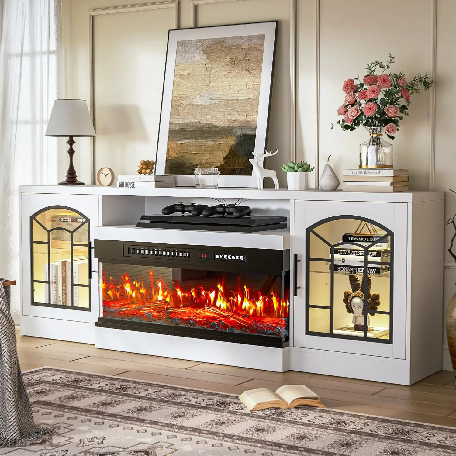 70'' Fireplace TV Stand 3-Sided Glass Media Console For TVs Up To 80'' With Storage & LED Flame Lights Living Room, Customized