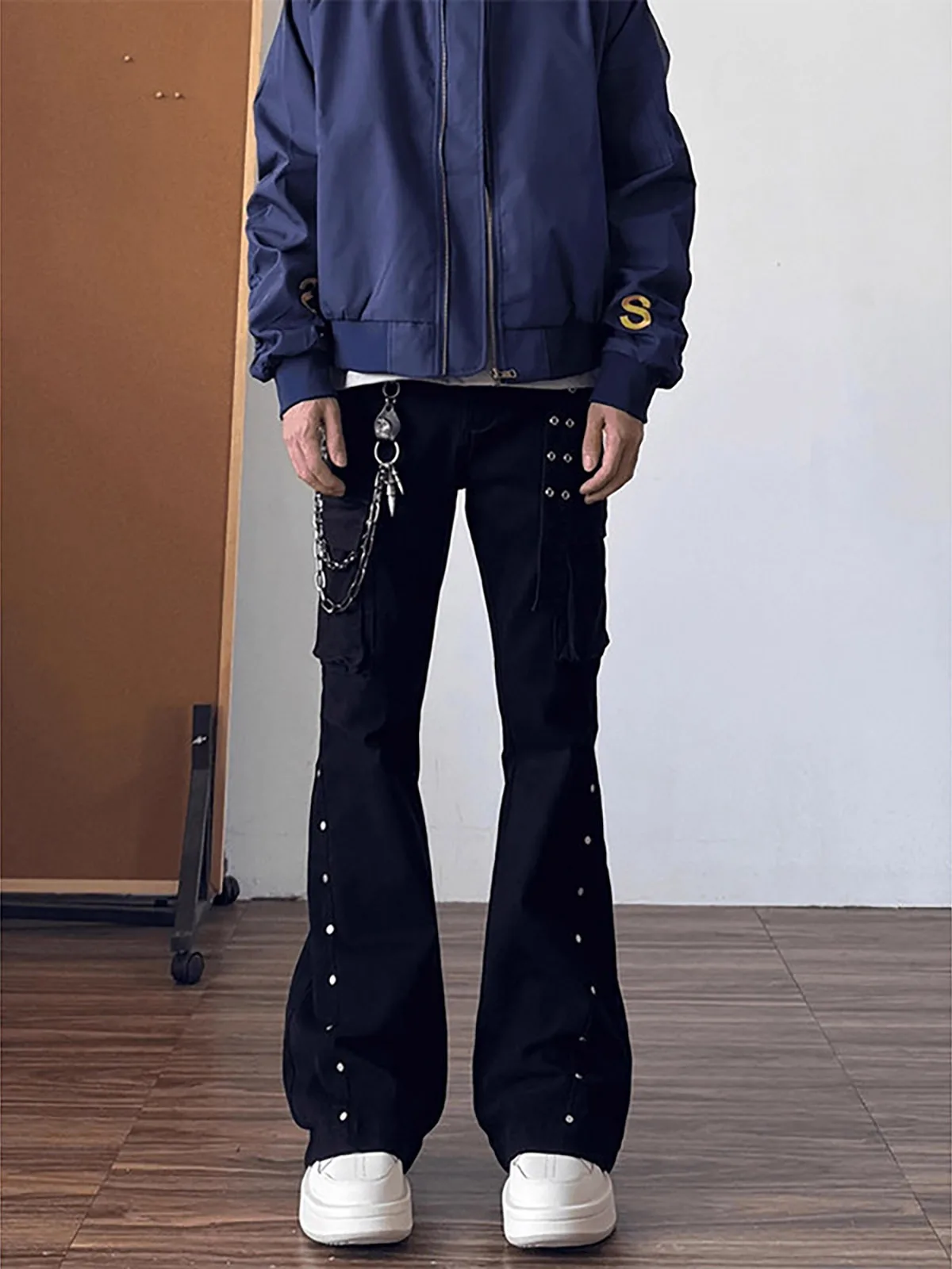 American Vibe Heavy Duty Black Rivet Knife  Jeans Men's Autumn Design Sense Belted Straight Leg Micro Flare Workwear Pants