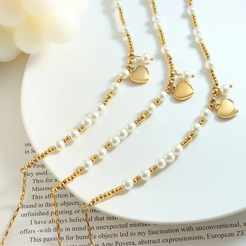 Imitation Pearl Heart Pendant Necklace 18k Gold Plated Stainless Steel Chain Adjustable Women\'s Jewelry for Party Gift
