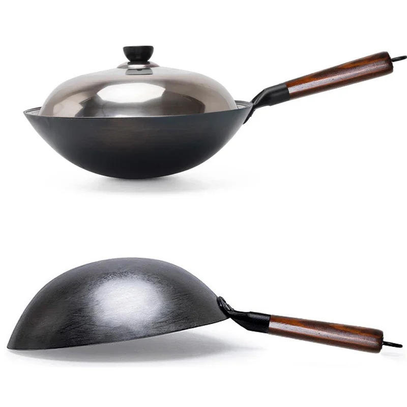 Chinese Traditional Household Iron Wok,Hand Forging Iron Pan, Wooden Handle, Pure Iron, No Coating, Non-stick Wok, Gas Cooker