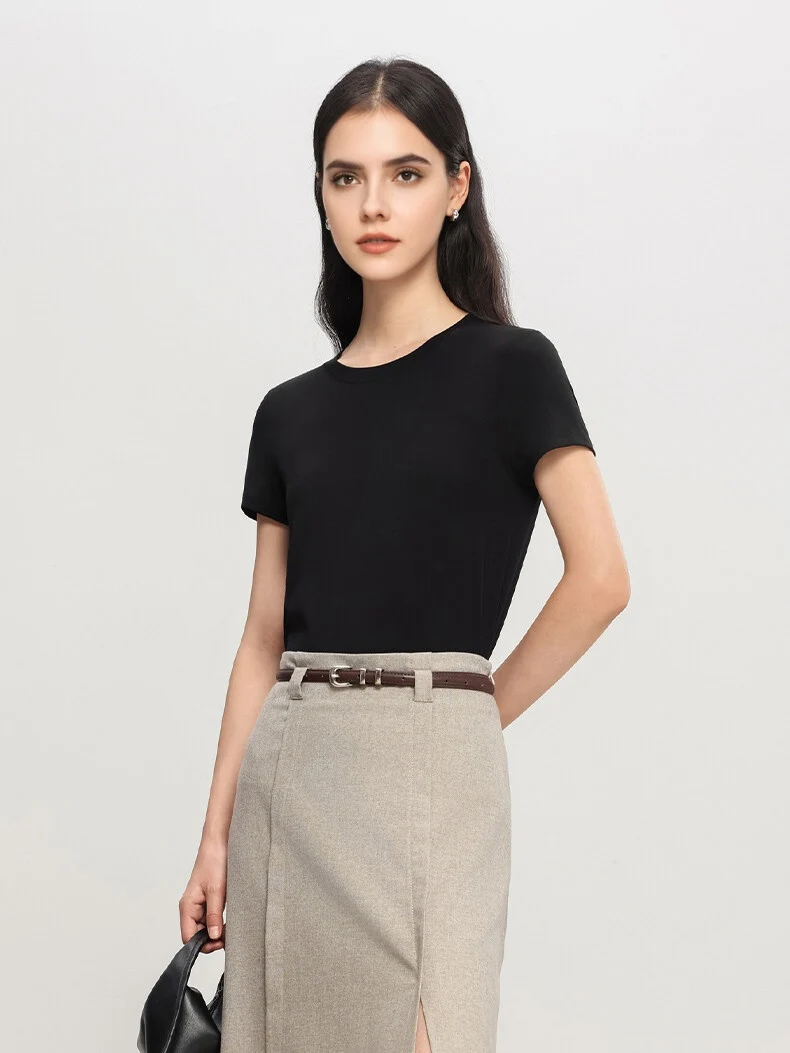 SuyaDream, Women Solid T Shirts, Silk Viscose Blend, Plain O neck, Short Sleeved Tee 2025 Spring Autumn Basic Top, Grey, White