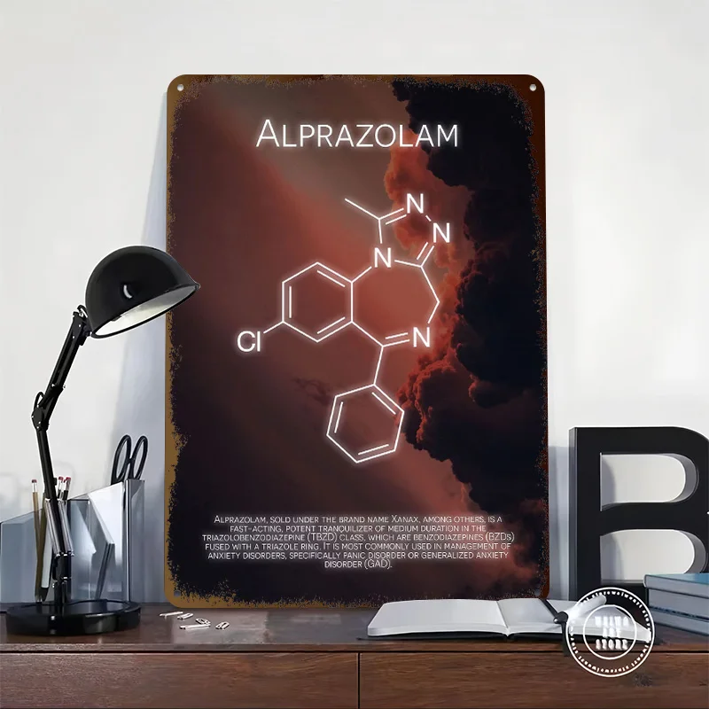 Alprazolam Molecule Tinplate Posters Customizable Wall Art Retro Vintage Metal Signs for Home Room Setup Decorations Desk Decor