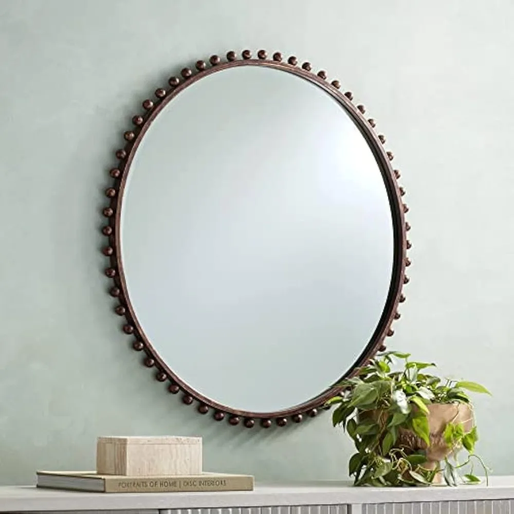 

Vidalla Round Vanity Decorative Accent Wall Mirror Rustic Beveled Glass Matte Dark Bronze Beaded Iron Frame 32" Wide