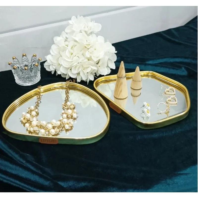 Golden Glass Mirror Storage Tray Irregular Metal Decoration Desktop Jewelry Ring Display Tray Home Aromatherapy Pendulum Tray