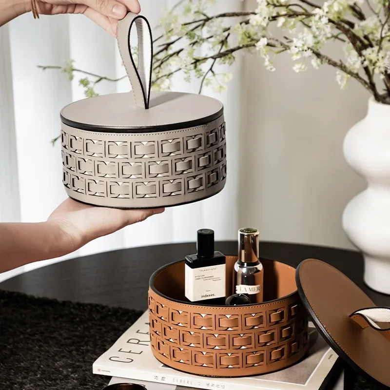 

Light Luxury Saddle Leather Woven Vanity Tray, Multi-Compartment Cosmetic Organizer & Jewelry Box, Designer Desktop Decoration
