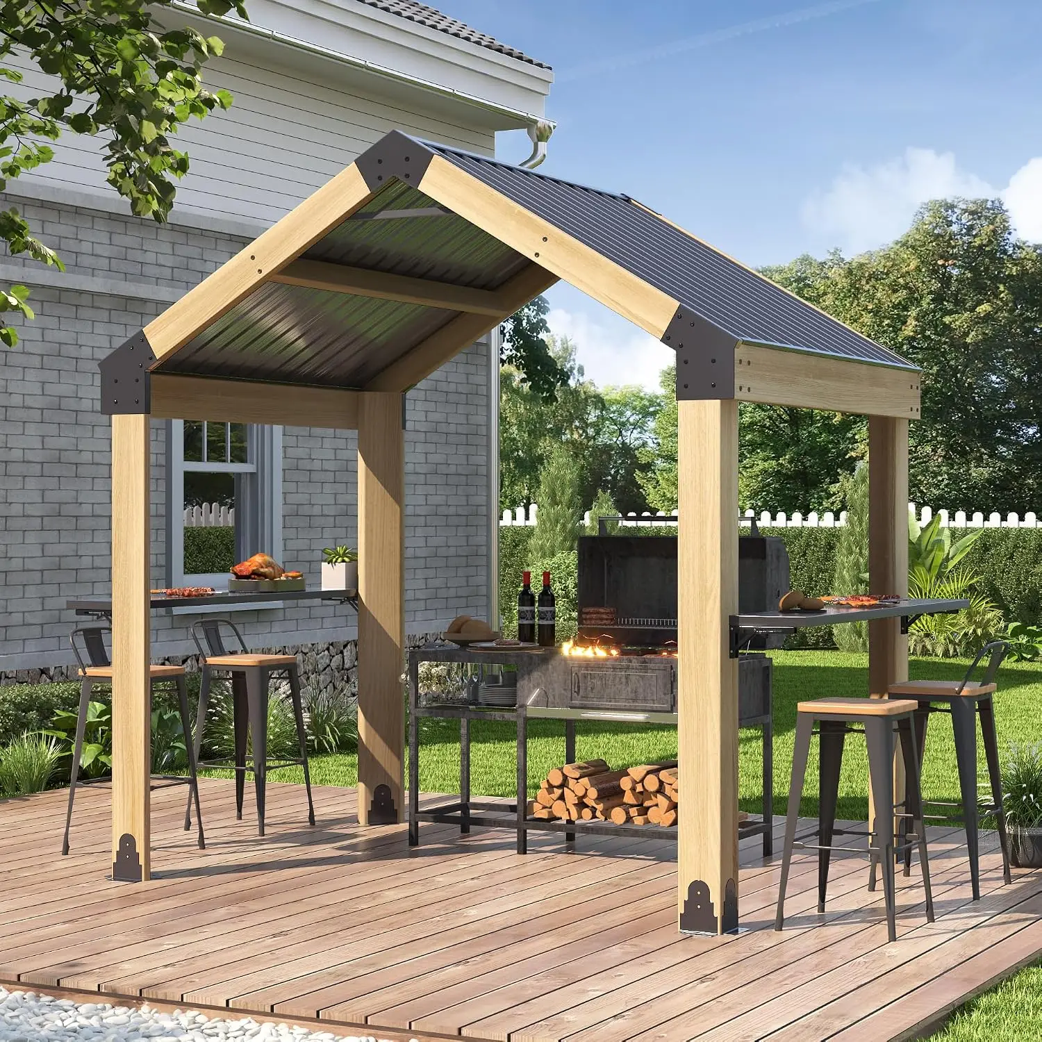 7.7'x5.7' Outdoor Grill Wood Gazebo | Hardtop Gazebo with 2 Side Shelves and Galvanized Steel Roof, Patio Wooden, Customized
