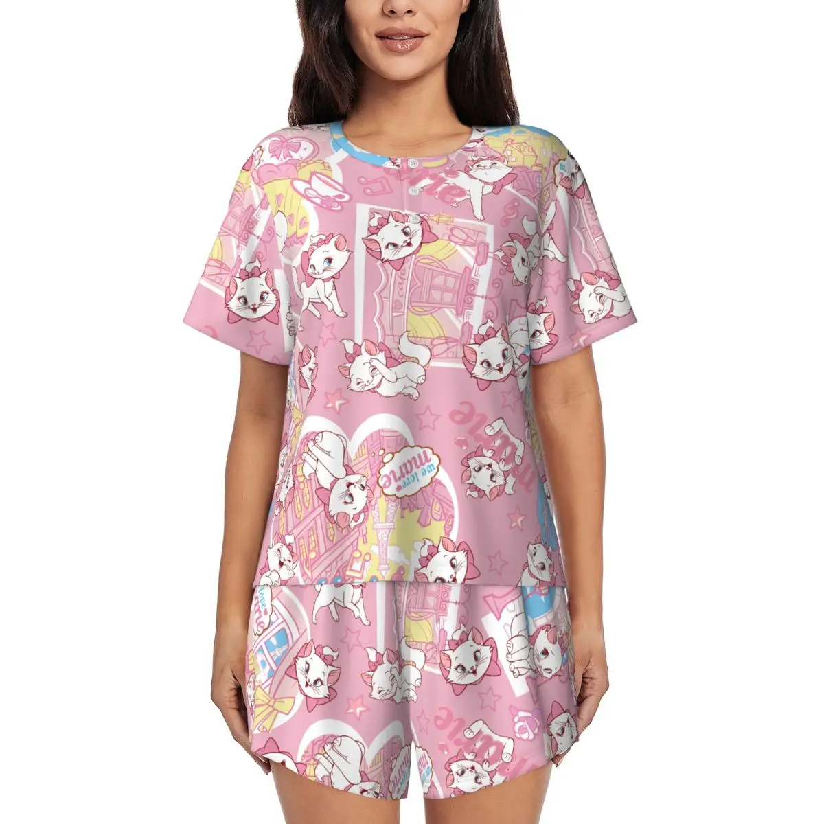 

Custom Aristocats Animation Marie Cat Pajama Sets for Women 2 Piece Short Sleeve Pjs Shorts Sleepwear