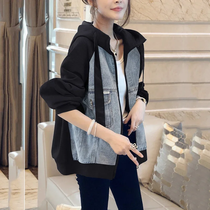 3XL المرأة خمر مقنعين الدنيم سترة الشارع الشهير ربيع الخريف شيك فضفاض صالح الجينز ملابس خارجية السيدات منفذها