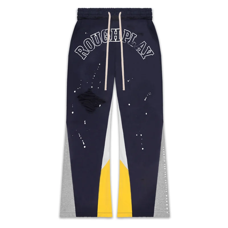 High Street Spray Dye Rough Play Casual Pants Side Panel Splice Splatter Ripped Men's Wide Leg Sweatpants