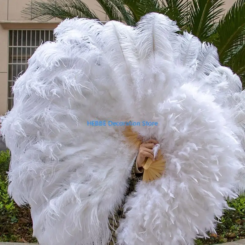 B0KC Elegant Handmade Large Feathered Fan 1920s Flapper Folding Handheld Fan for Dance Performances and Burlesque Dance Show