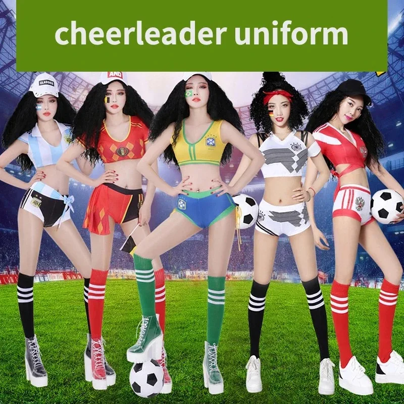 

Sexy National Cheerleader Costume Women Soccer Yellow Green 2024 France Sport Competition Festival Crop Top Shorts Stockings