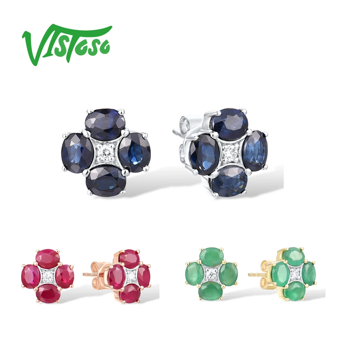 

VISTOSO Gold Earrings For Women Genuine 14K 585 White Yellow Rose Gold Emerald Blue Sapphire Ruby Stud Earrings Fine Jewelry