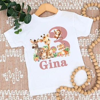 Camisa de aniversário personalizada 1-9 anos camisa selvagem camiseta meninas tema selva selvagem festa camiseta animal com nome roupa crianças topos presente