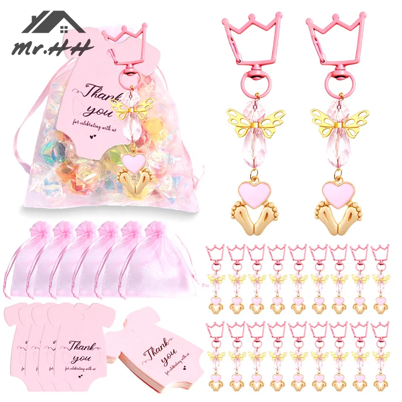 20PC/ Set Baby Shower Favours Crown Footprint Angel Keychain Thank You Card Organza Bag Baby Birthday Party Favours