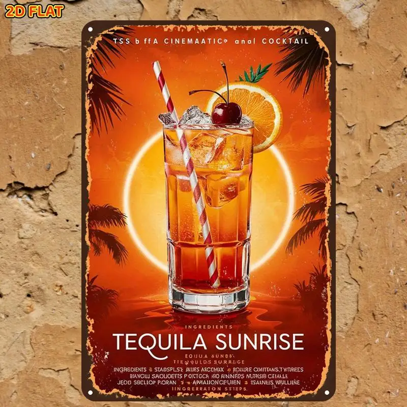 Vintage Tequila Sunrise Cocktail Tin Wall Sign, Pre-Drilled Holes, Decor For Home Office Garden, Indoor & Outdoor Toilet Decor.