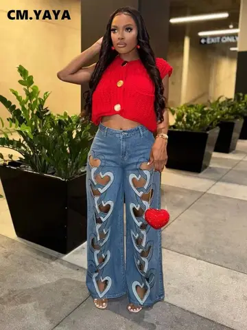 CM.YAYA Dam Vintage Cutout Love Hollow Out Cross Straight Denim Byxor 2025 Höstmode INS Höga Midjade Vida Ben Jeans Byxor 10 best sales utskurna jeans - №4