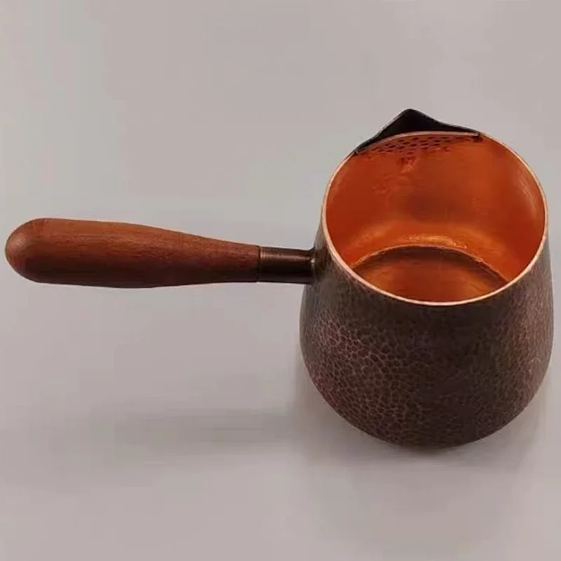 Vintage Hand-Rinsed Pure Copper Coffee Pot,Handcrafted Engraving Hammer Texture 700ml Boil Tea Teaware,Wooden Handle Teapot 3