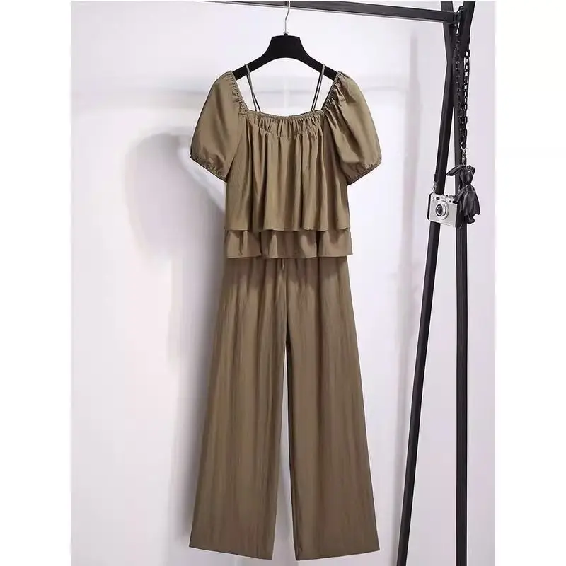 Setelan Dua Potong Wanita Celana Lebar Kasual Modis Musim Panas Anti Penuaan Trendi Ukuran Besar Pakaian Wanita