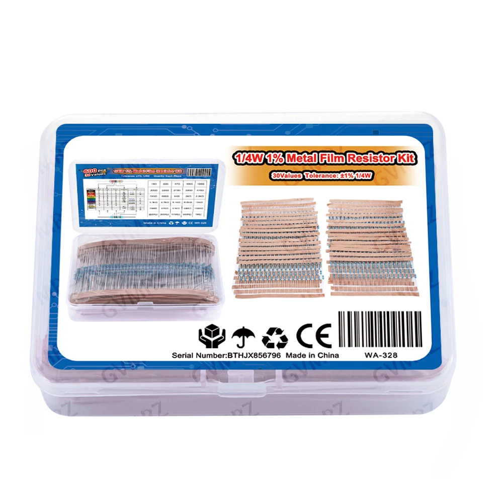 600PCS 30Values 1/4W Metal Film Resistor Assortment Kit - 20PCS Each, Boxed for Electronics DIY, Repair & Projects 10Ω 22Ω 47Ω