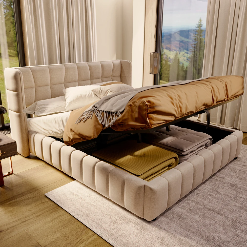 180x200cm gepolstertes Doppelbett mit pneumatischer Stauraum-Lattenrostunterlage und Rückenlehne – Leinenrahmen für Erwachsene und Jugendliche (ohne Matratze) – Detail 4