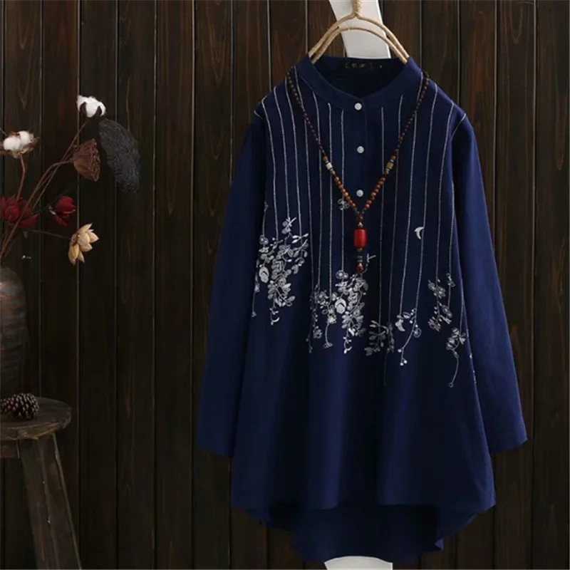 Blusa holgada de lino y algodón para mujer, camisa azul de manga larga con bordado a rayas, talla grande, a la moda, para otoño, 2019