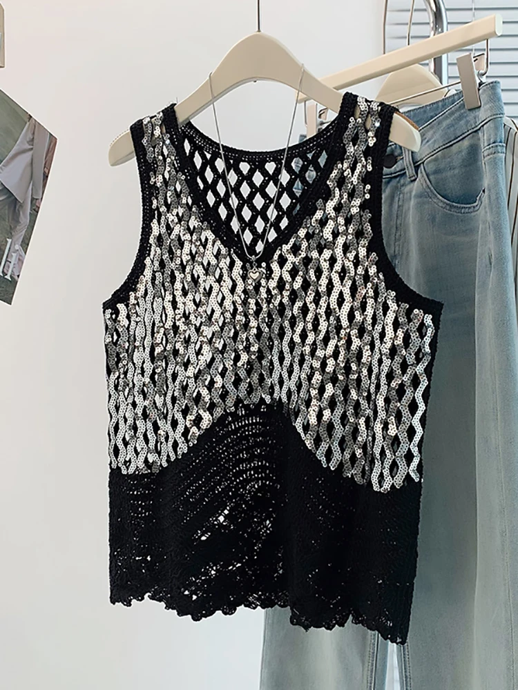 Crochet Hollow Out Vest For Women Summer Heavy Beaded Embroidery Waistcoat Korean Style Casual Patchwork Sleeveless Tops